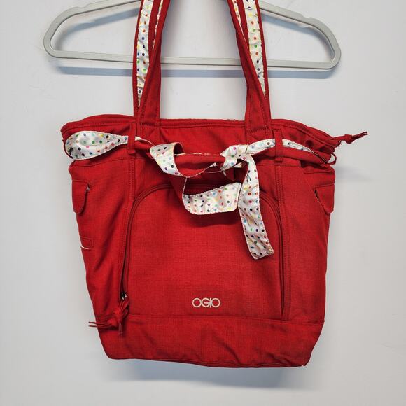 Ogio Hamptons Red Laptop Tote Bag Canvas Double Shoulder Handles Polkadot Lined - Picture 1 of 12